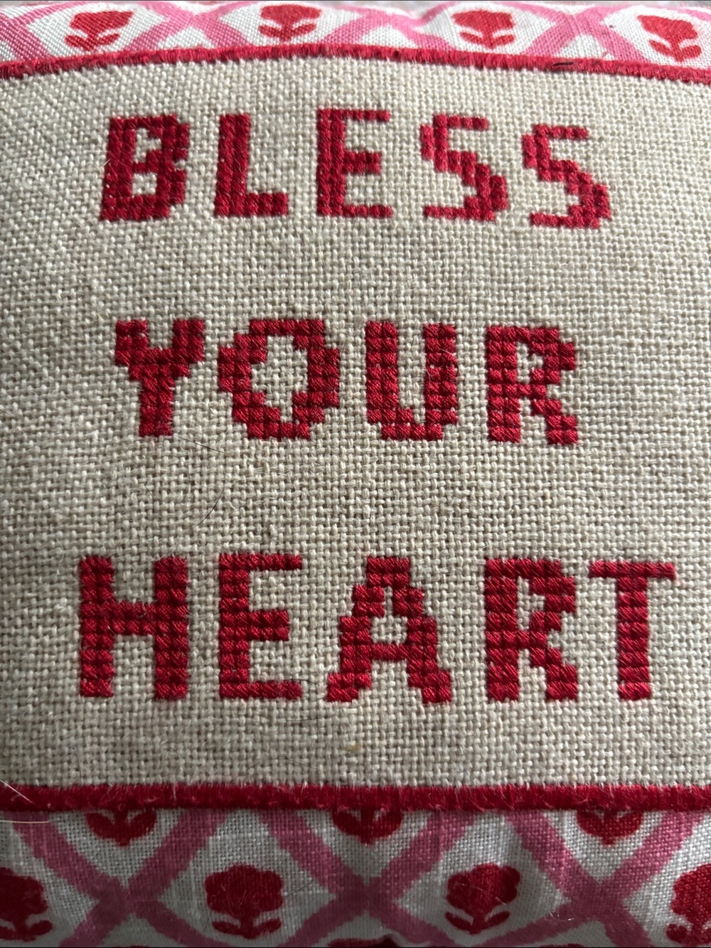 Mini Bless Your Heart Cross-Stitch Accent Pillow - Pink & Cream - Picture 4 of 4
